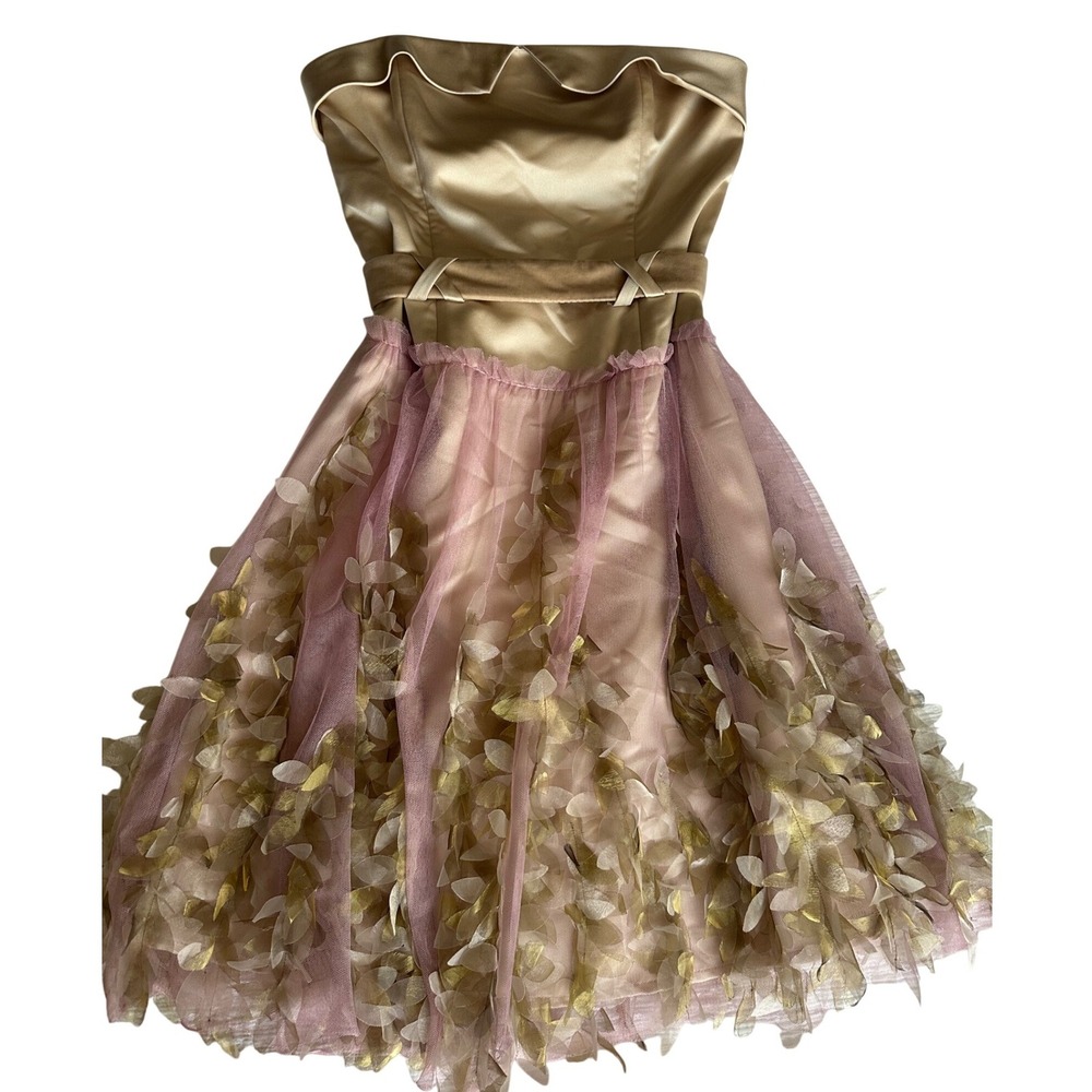 Vintage Beverly & Monika Silk Strapless Tulle Petal Dress Gold‎ Pink 8 Cocktail